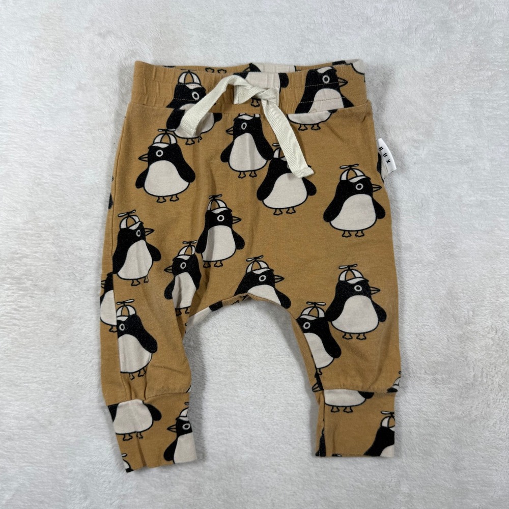 Huxbaby Penguin Propeller Hat Organic Cotton Drop Crotch Harem Pants 3-6M Ochre
